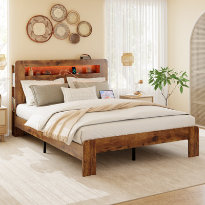 Farmhouse Wooden Bed Frame with Storage Headboard, Platform Bed with Charging Station & LED Light