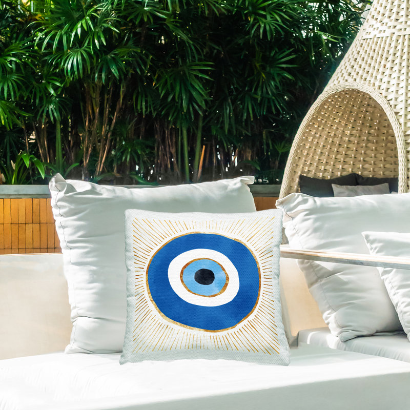 Coussin extérieur bleu à motif de mauvais œil imprimé de Ziwei Li
