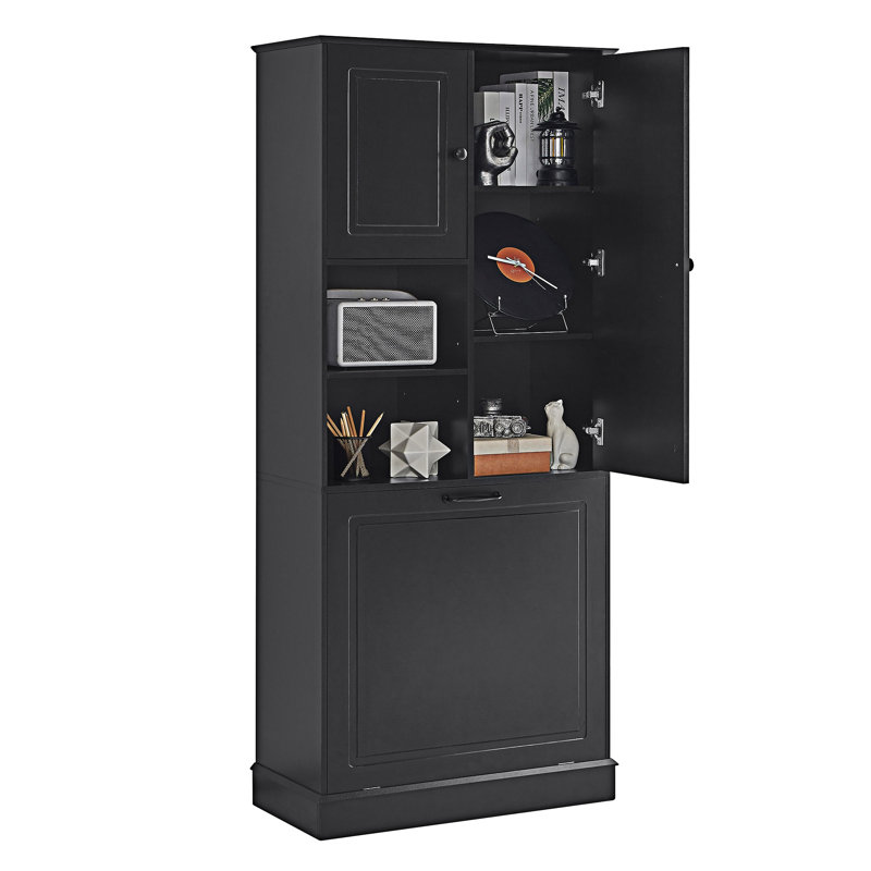 Tall Bathroom Storage Cabinet With Large Flip-Out Basket, Black