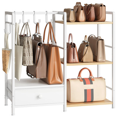 Purse Organizer Rack for Closet, 3-Tier Handbag Storage Stand with Hooks & Drawer, Large Capacity Bag Organizer,(White + Natural)