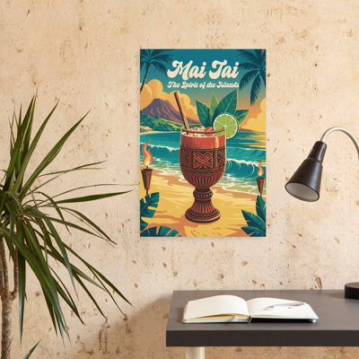 «Mai», île, échapper, rétro, abstrait, palmier, plage, océan, art mural