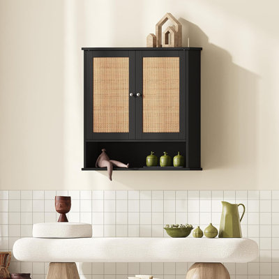Two Door Wall Cabinet, Wooden Medicine Cabinet, Wall Mounted Bathroom Storage Cabinet With Inner Adjustable Shelf, For Bathroom, Kitchen, Entryway, Black And Natural