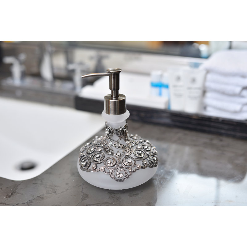 Glass Soap Dispenser 12.5oz Frosted Glass with Rhinestones – Elegant Bathroom & Kitchen Accessory, Christmas & Mother’s Day Gift