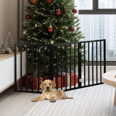 3-Panel Indoor Pet Gate for Dogs and Small Pets, Foldable Freestanding Dog Fence for Stairs, Hallways, Doorways, Wooden Pet Barrier, Black Finish with Easy Storage Panels by PETMAKER