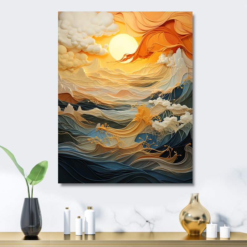 «Orange Bold Waterfall Sunrise III - Vagues», art mural en métal, H 20 po x l 12 po x P 1 po