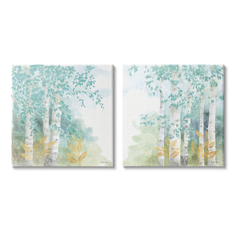 «Birch Tree Forest Tranquil Green Gold Watercolor» par Beth Grove - ensemble de 2 impressions d'art graphique, Toile tendue
