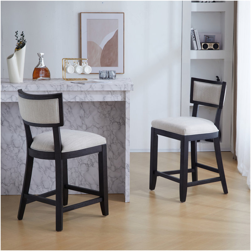 Ensemble de 2 tabourets de comptoir de 26,5 po, tabourets de bar rembourrés à hauteur de comptoir avec dossier confortable, structure en bois d'hévéa, dossier, repose-pieds, tabourets de bar sans accoudoir pour bar personnel, comptoir de cuisine, beige et noir