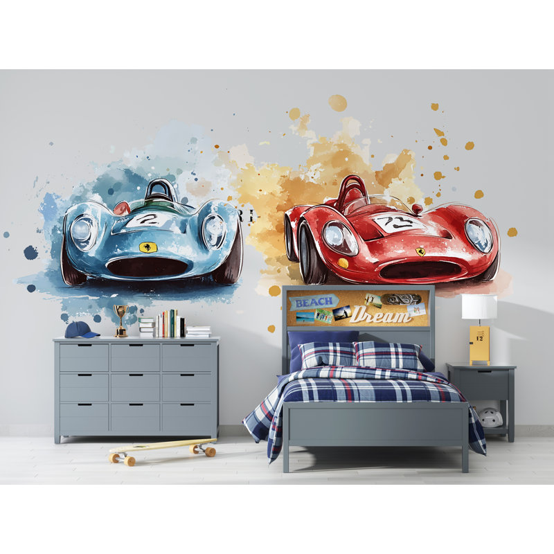 Adhésif décoratif voiture de course rétro pour chambre d'enfant - Murale de voiture de sport rouge et bleue au-dessus du lit 060Mv