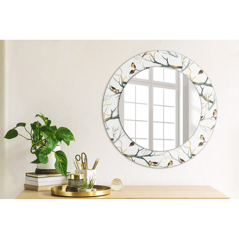 Huldar Glass Flat Mirror, 50cm H x 50cm W, White Sparrows Birds Branches