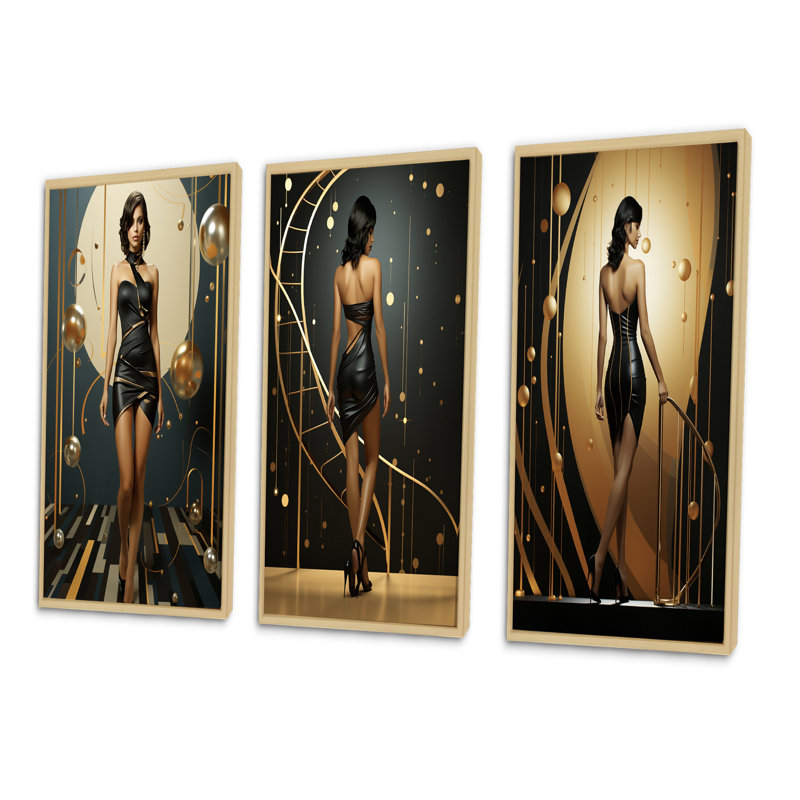 «Playful Evening Glam Portrait», 3 pièces sur toile, H 20 po x l 36 po, Encadré naturel