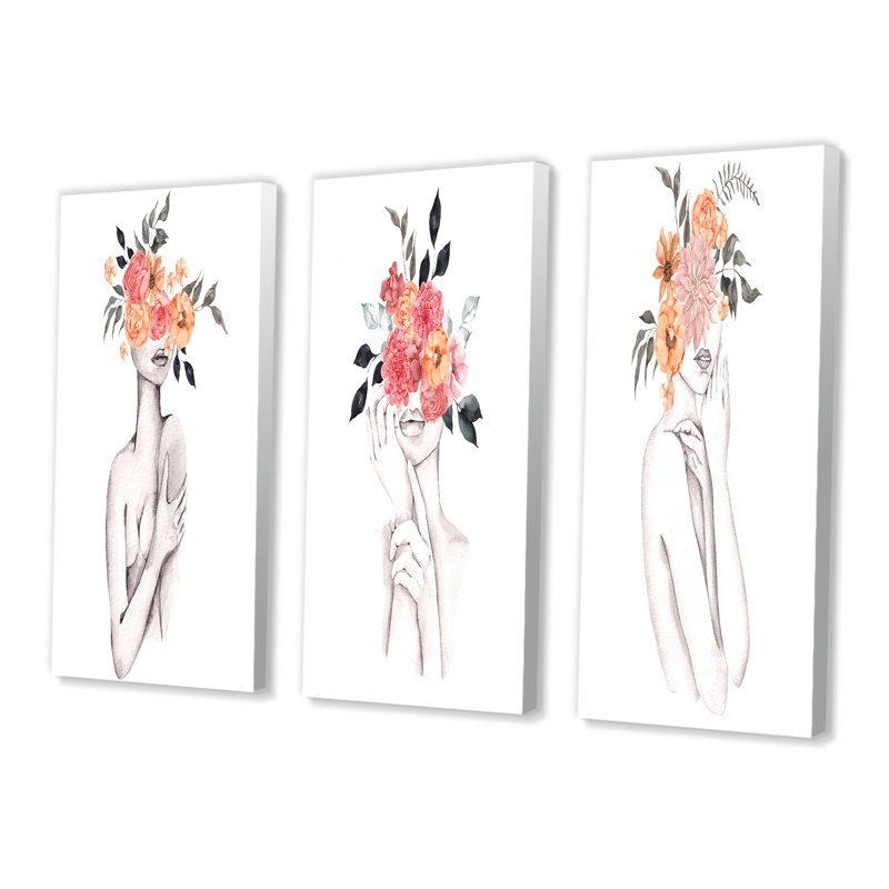 Silhouette de femme avec fleurs rouges et mauves, ensemble de 3 pièces glamour, H 32 po x l 48 po x P 1 po