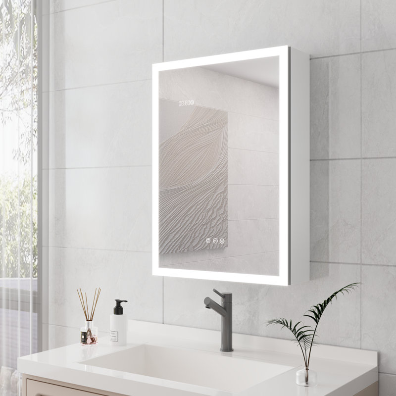 Armoire à pharmacie de salle de bain avec lumières, armoire à pharmacie DEL 28 po x 20 po avec miroir, armoire à pharmacie lumineuse avec désembueur, gradateur, horloge numérique et affichage de la température, montage en surface