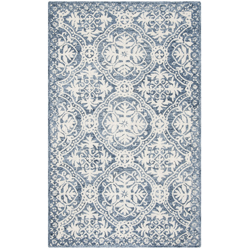 Salerna Micro-Loop Hand Tufted Wool/Cotton Damask Rug in Blue/Ivory, Rectangle 8' x 10'