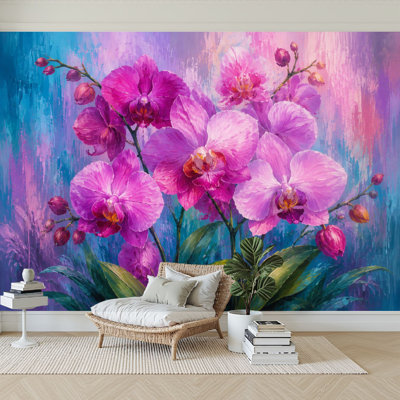 Papier peint adhésif peler et coller vibrant mauve rose fleurs vertes feuilles abstraites pastel autocollant amovible papier contact mural pour le salon chambre à coucher H 100 po x l 144 po