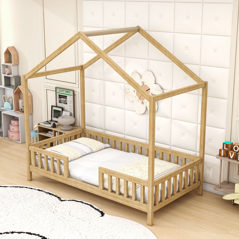 House Bed With Slats And Safety Railings, Natural, Twin