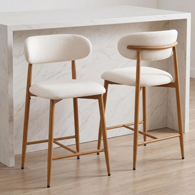 Bar Stool Set of 2 Counter Height Seating, Mid-Century Modern Upholstered Stools with Sturdy Metal Legs & 300 lbs Capacity, Beige Kitchen Island Chairs for Dining Room & Home Bar