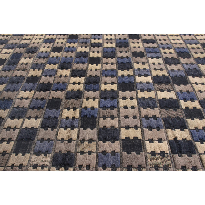 Scandinavian Hand Knotted Wool Geometric Area Rug, Rectangle 12' x 16'