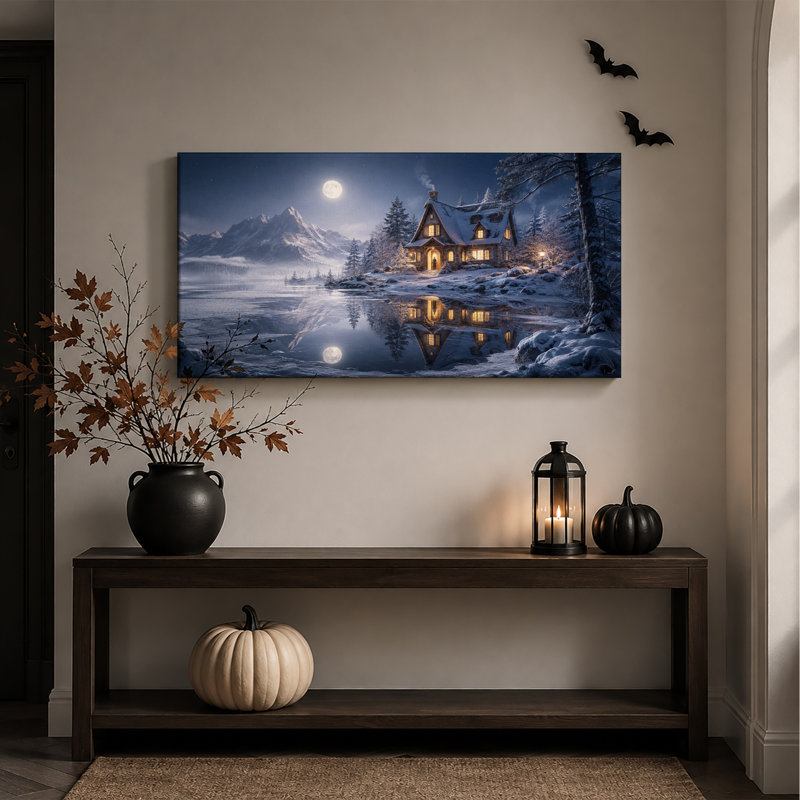 " Snowy Cabin With Glowing Windows Moonlit Lake Halloween " Painting Print, L 46 po x H 24 po