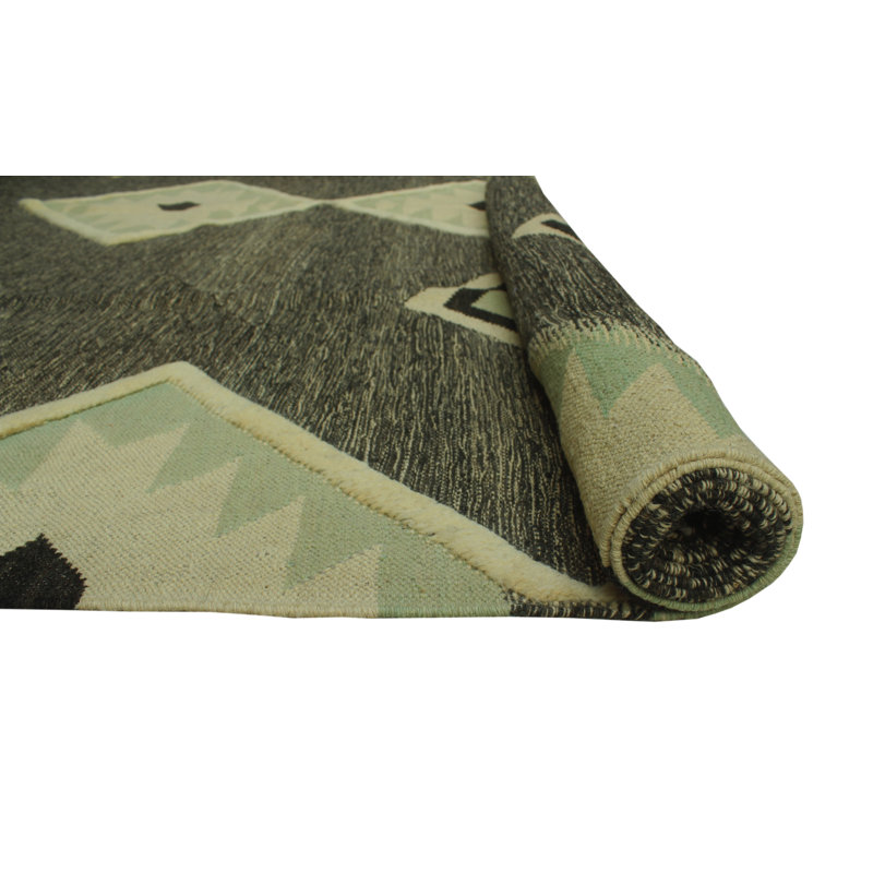 Tapis vert / ivoire en laine noué à la main de conception unique 8 pi 3 po x 11 pi 1 po Alverson