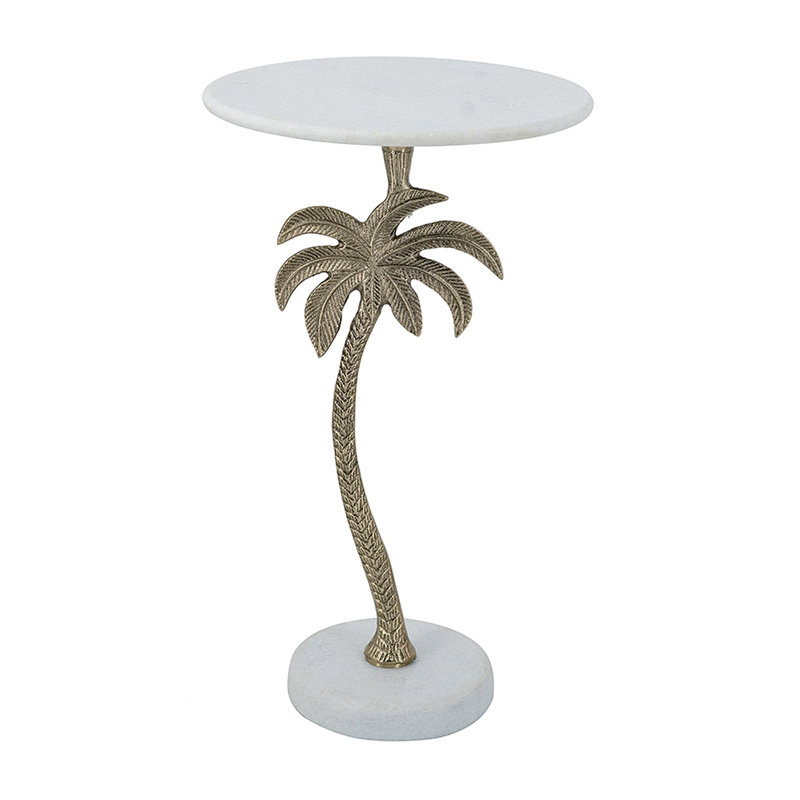 Table d'appoint ronde 14 po x 14 po x 24 po avec plateau en marbre blanc et palmier doré
