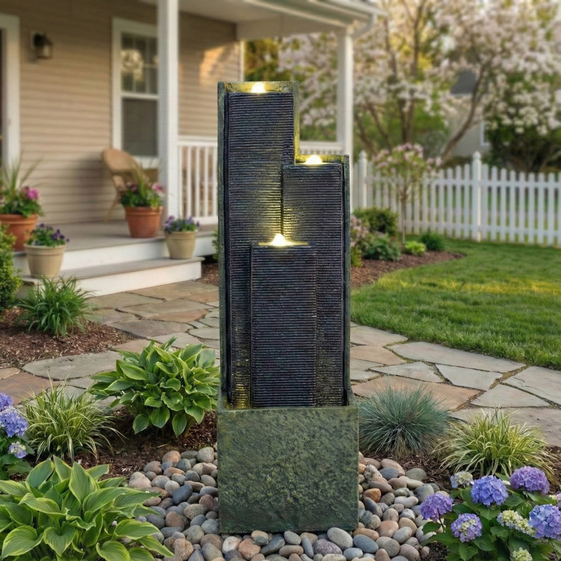 Modern Cascading Freestanding Outdoor Water Fountain With LED Lights For Garden And Patio Decor