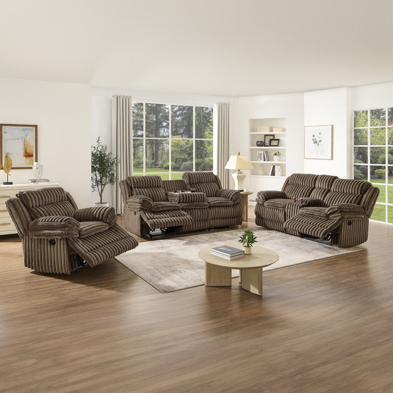 Roundhill Furniture Ardello 3-Piece Reclining Sofa Set, Corduroy Upholstery, with Built-In Power Center, and Storage Console, Chocolate