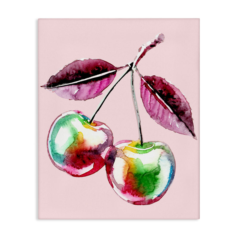 Cerises chromées sur toile rose, design par Lil 'Rue, H 40 po x l 30 po