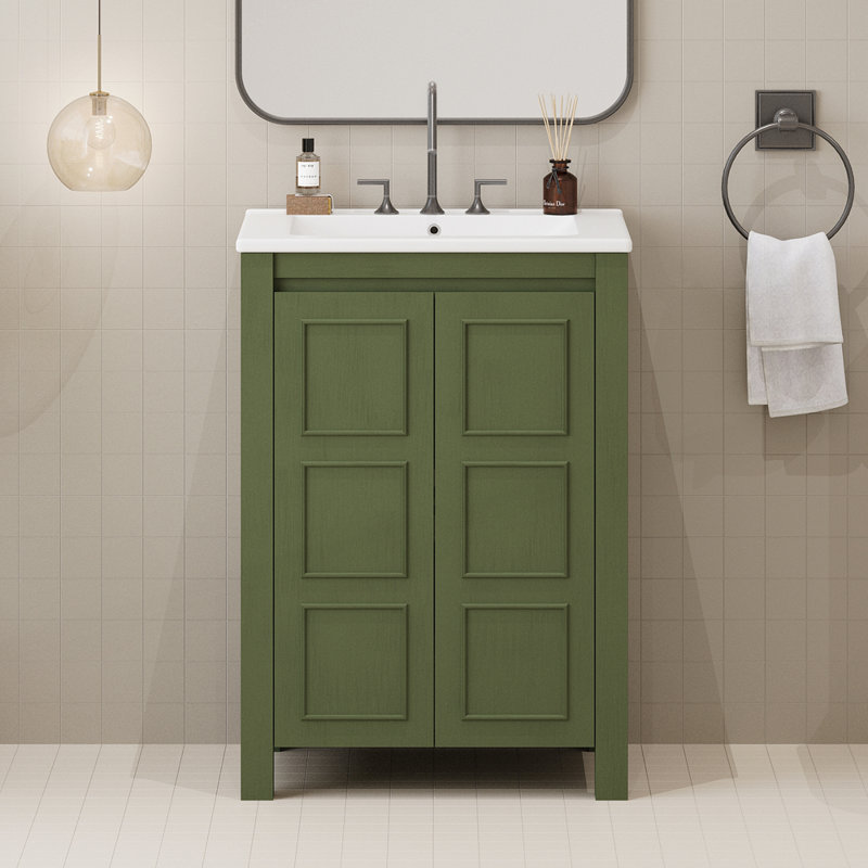 Petit meuble-lavabo de style rétro avec lavabo en céramique, 2 portes à fermeture douce et tablette réglable pour espaces compacts