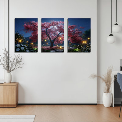 Cherry Blossom Tree Night Garden Canvas Wrapped Wall Art Oil Painting Print Set Of 3