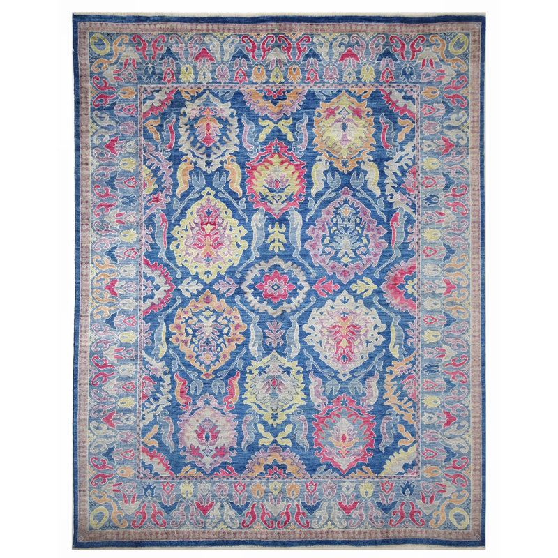Hand Knotted Wool Area Rug in Blue
