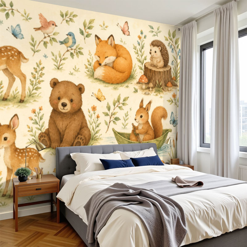 Papier peint adhésif auto-adhésif moderne pour la chambre à coucher, avec des animaux des bois