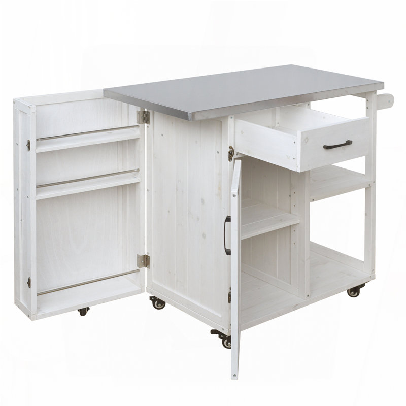 Outdoor Kitchen Island Fir Wood Prep Station Lockable Kitchen Cart with Stainless Top, Ample Storage Space, White