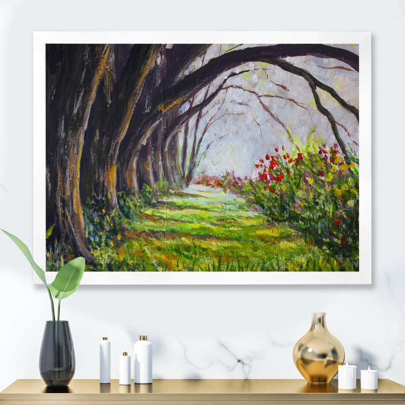 Vue originale de l'huile d'une grande rangée d'arbres Chamchuri - peinture sur toile, H 34 po x l 44 po, Cadre photo blanc