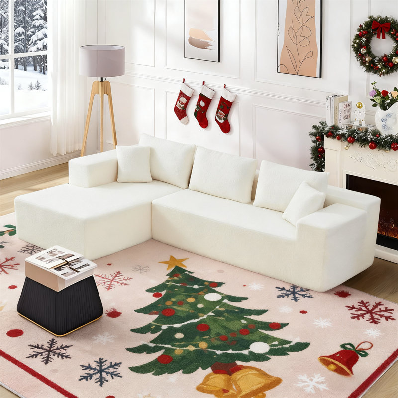 Canapé modulaire en L Sherpa, Fausse fourrure blanche