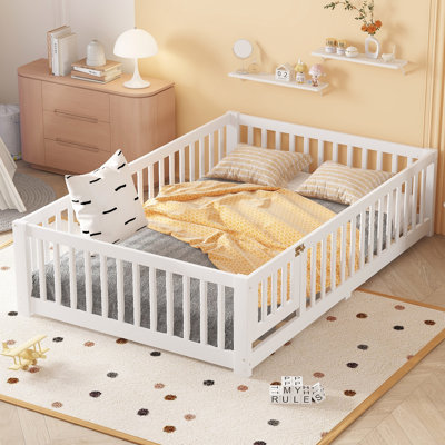 Lit double pour enfants avec garde-corps de sécurité et porte de jeu, lit double Montessori