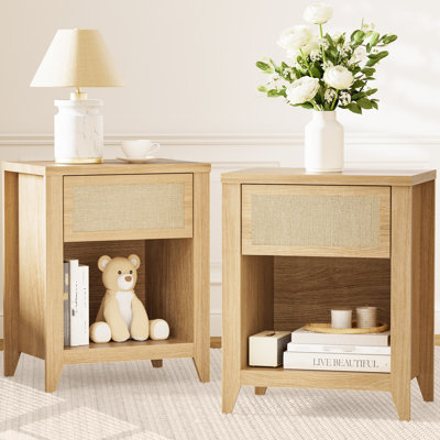 Rustic Farmhouse Nightstand Set Of 2, Modern End Tables With Linen-textured Drawer And Open Cubby For Bedroom
