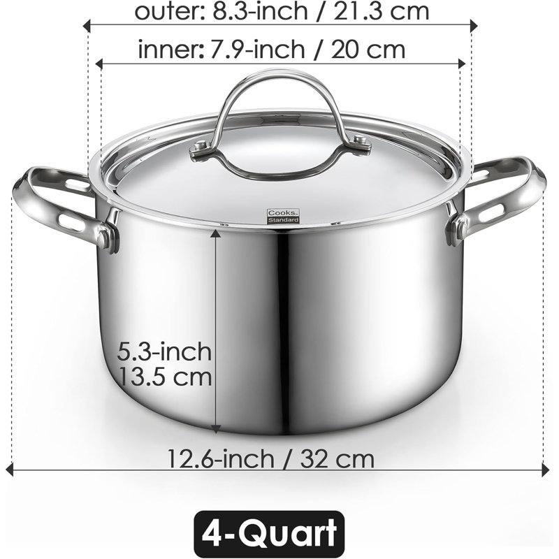 Cooks Standard Multi-Ply Clad 4 Quart Stock Pot, Stainless Steel Soup Pot with Stainless Lid, Cooking Pot for Pasta, Spaghetti, Stockpot with Even Heating, Induction Cookware