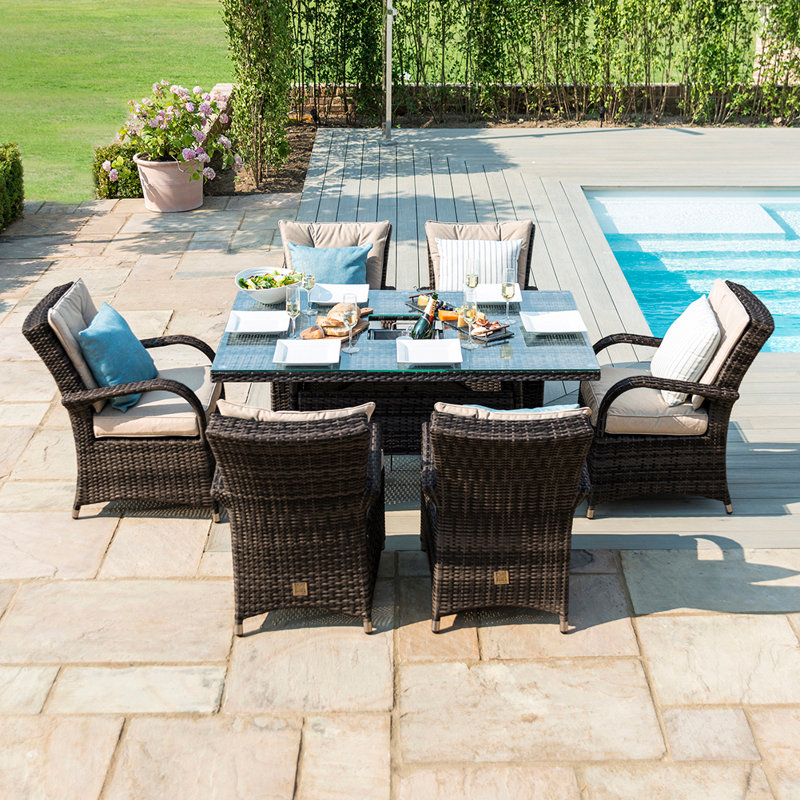 Coshocton 6 Seat Rectangular Rattan Dining Set - with Ice Bucket, Brown