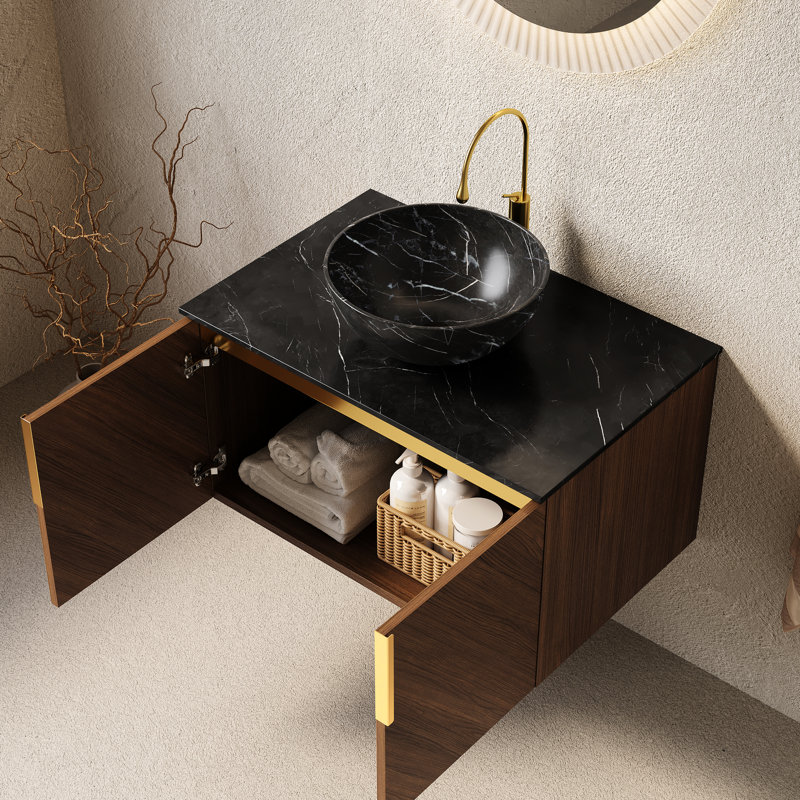 Meuble-lavabo de 30 po, comptoir en pierre frittée noire, finition grain de chêne brun, conception en diagonale, portes à fermeture en douceur, - meuble-lavabo et lavabo, armoire de rangement en contreplaqué, cuve en céramique bol, motif, chêne, grand
