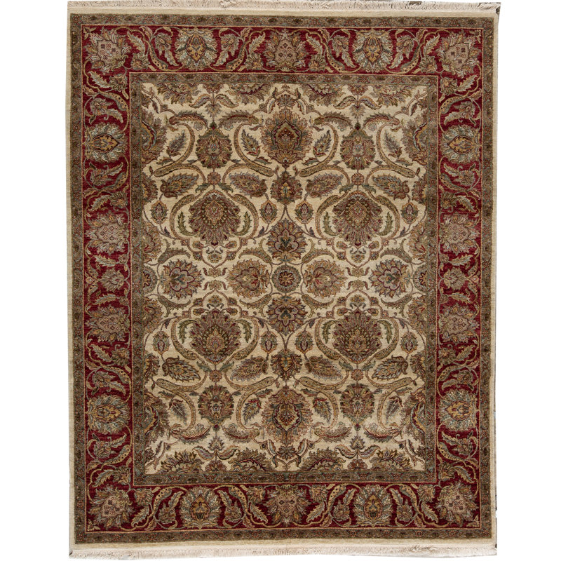 Tapis ivoire et rouge noué à la main de haute qualité