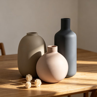 Ceramic Farmhouse Vase Set Of 3, Neutral Small Table Decor For Living Room, Shelf, Bookshelf, Entryway, Minimalist Modern Home Accents