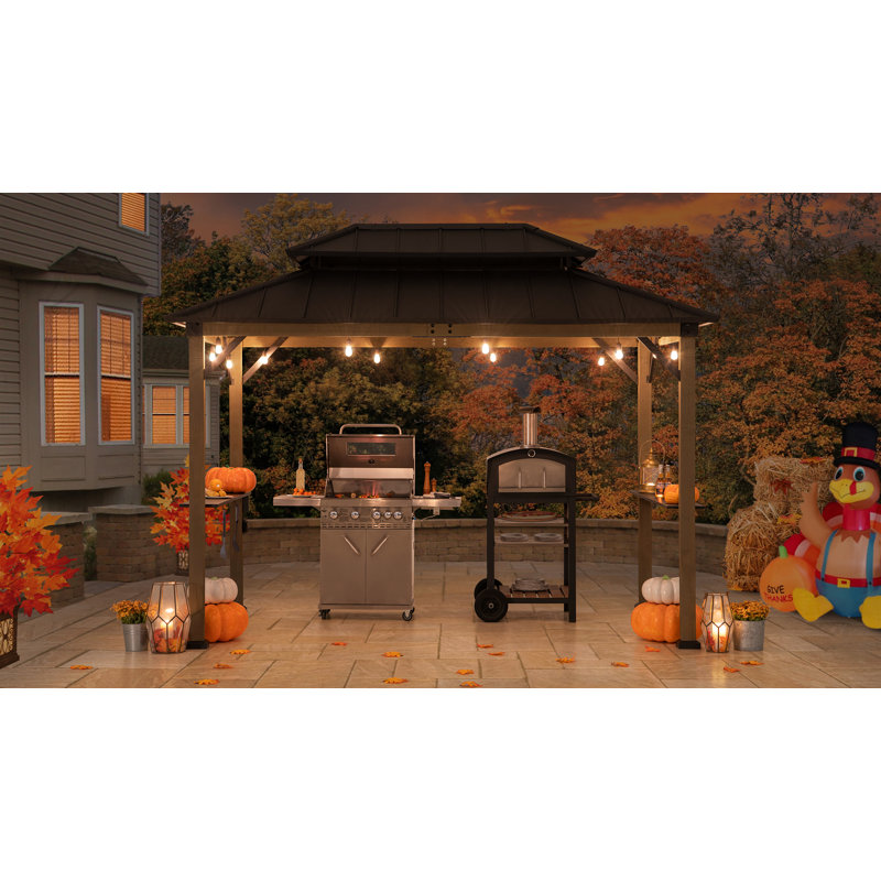 Sunjoy Sunjoy Wooden Grill Gazebo, 9.5 x 11.8 ft. Steel Hardtop Outdoor Gazebo for Year-Round Grilling, 2 Full Size Grills, Griddles or Smokers - Cook Station, Barbeque, Built-in Electrical Outlets