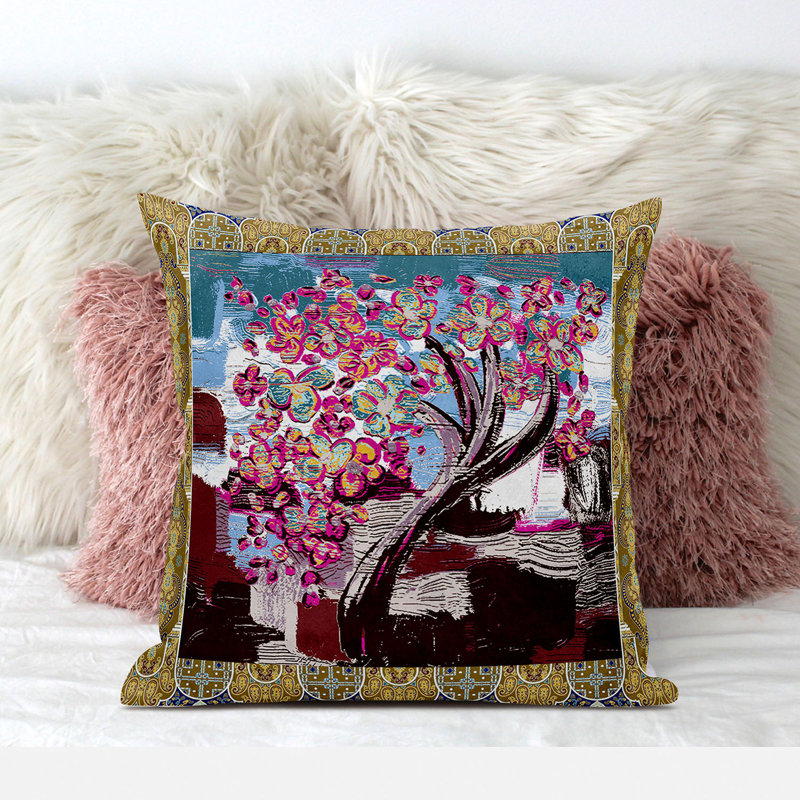 Housse et insert de coussin carré en polyester intérieur / extérieur, 20 po x 20 po, Rose / jaune / bleu