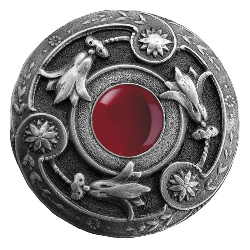 Jewel Mushroom Knob, Antique Pewter Red Carnelian Natural Stone