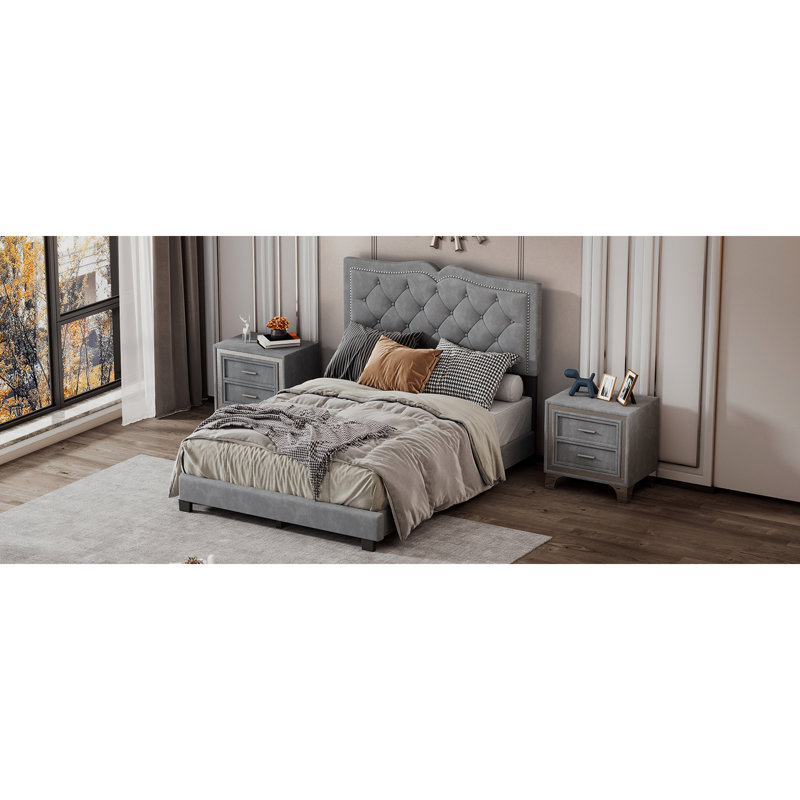 Modern Grey Full Size Upholstered Platform Bed With Rivet - Embellished Headboard, Solid Frame, 10 Slats Support Decorated Design, No Box Spring Needed