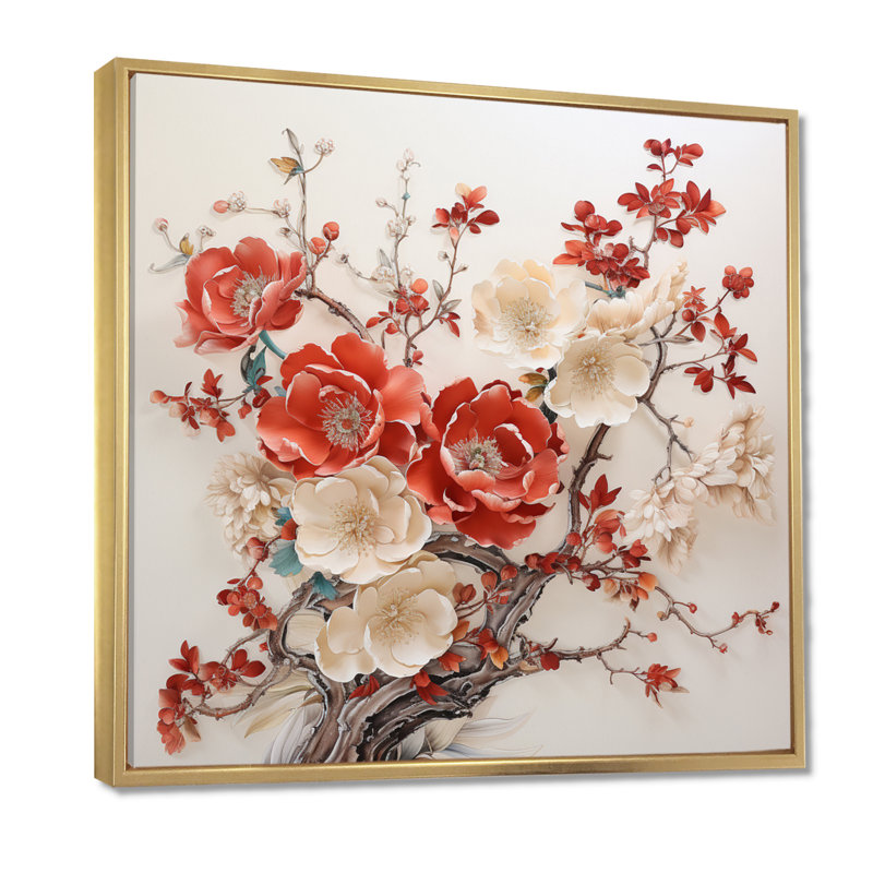 Anémone blanche et rouge, style chinois rétro - art mural floral, Toile avec cadre flottant or, H 30 po x l 30 po x P 1 po