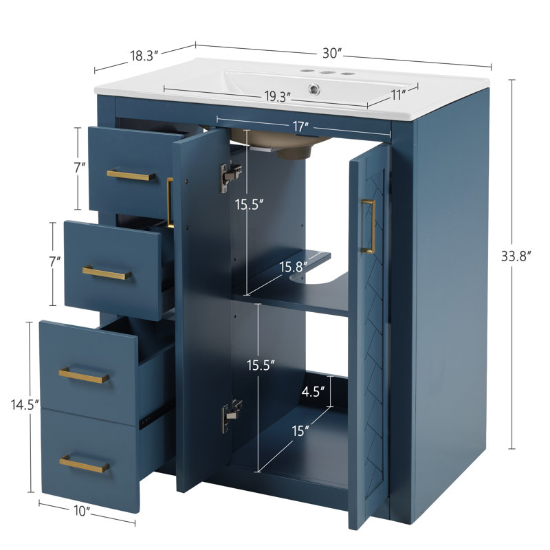 30'' Bathroom Vanity with Ceramic Sink Combo, Bathroom Storage Cabinet, Freestanding Vanity Set with 3 Drawers&Soft-close Doors