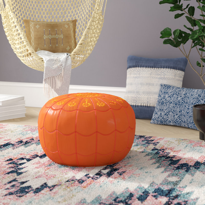 Leather Pouf, Orange Genuine Leather