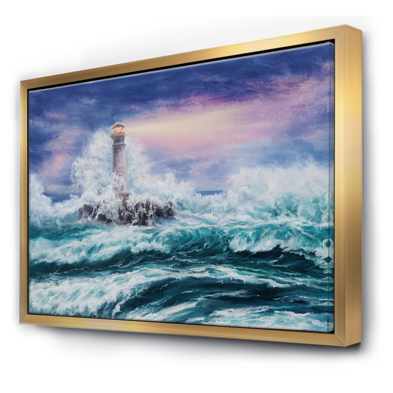 Phare sauvage bleu océan vagues - reproduction d'art sur toile, H 12 po x l 20 po x p 1 po, Toile encadrée d'or