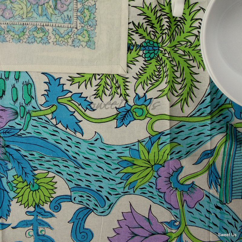 Floral Tree of Life 100% Cotton Square Tablecloth, Purple Turquoise